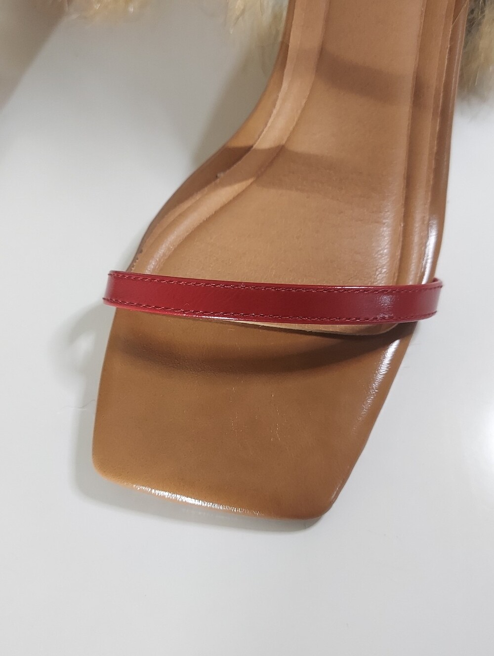 Azalea Wang Arette Red Faux Fur Ankle Strap Heeled Sandals Women's Size 9 NWOT - Picture 12 of 14